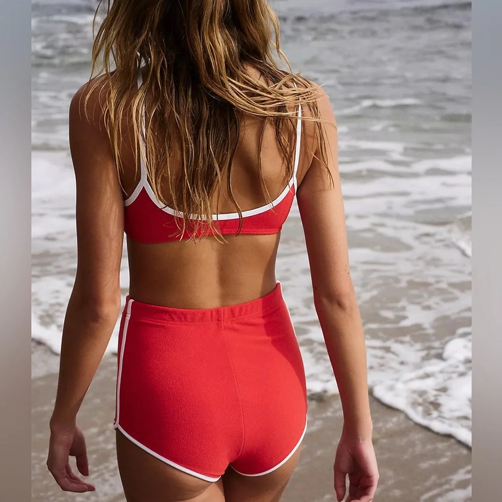 New GNASH Swim x FP Towelling Swim 6 / Sm & 8 / Med Tan Terry Piped Boy Shorts - Picture 13 of 13